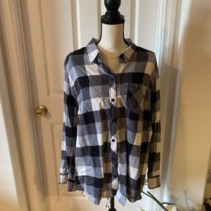 Black White Plaid 100% Cotton Button Down Shirt 1X
